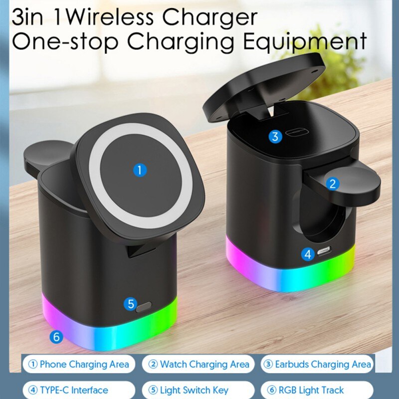3in1 Magnetic Wireless Fast Charger For Smart Phone RGB Ambient Light Charging Station For Airpods IWatch